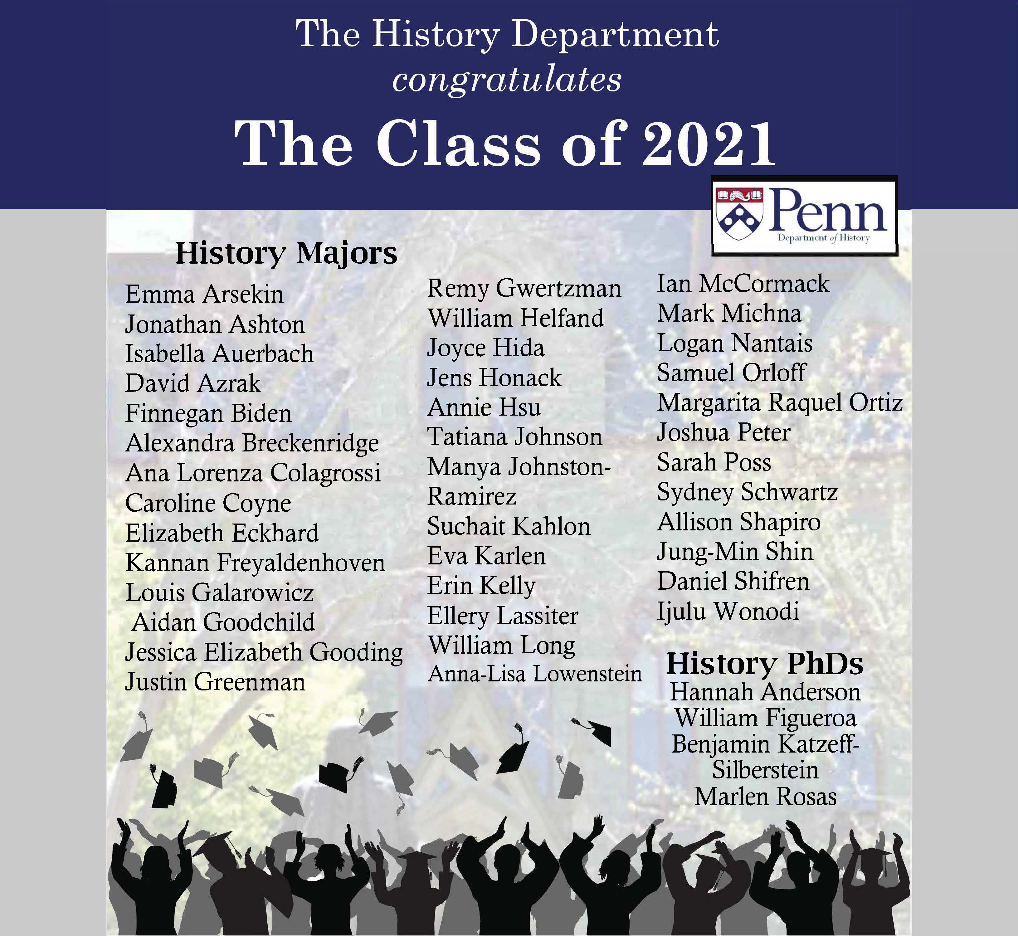 Announcement of history majors and graduating PhDs